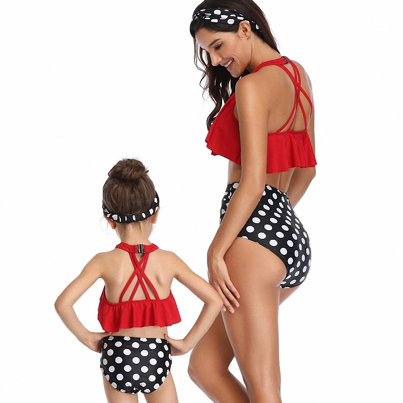 

Lotus Leaf Hem Monokini Parent-Child Sheath Swimsuit Set Mom Kids Swimwear Mother Daughter Girl Retro 2021 New Bathing Suits
