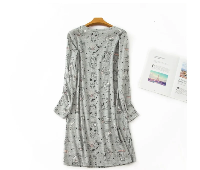 High Quality Fashion Women Cute Cat Printing Home Wear Sleep Wear O-Neck Loose Dress Female Comfortable Dress Vestidos