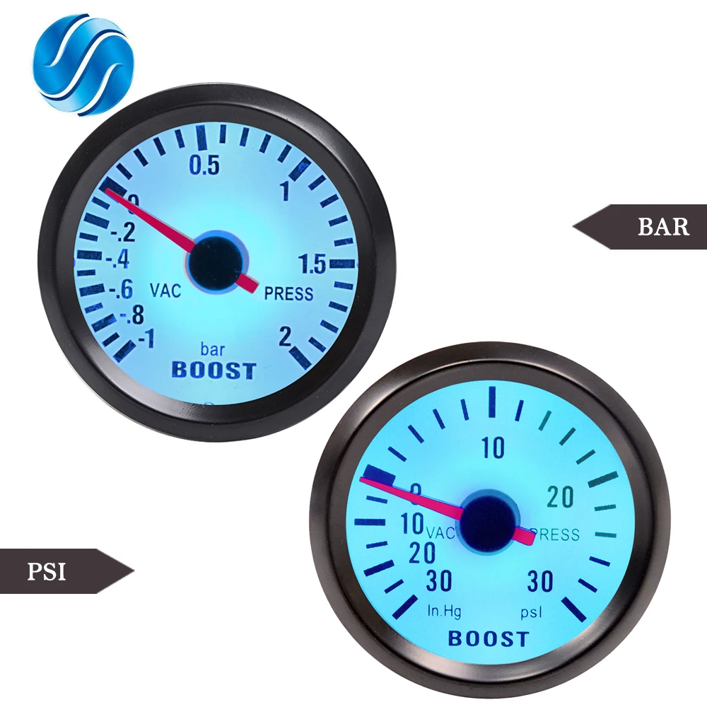 DRAGON автомобильный измерительный прибор " 52 мм Бар турбо Boost Gauge-1~ 2 бар/-30~ 30 фунтов/кв. дюйм вакуумный пресс-метр для авто синий светильник корпус черного обода