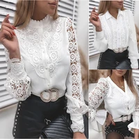 women sexy lace patchwork hollow out shirt blouses long sleeve crew neck mesh design top 2021 spring white vintage blouses femme