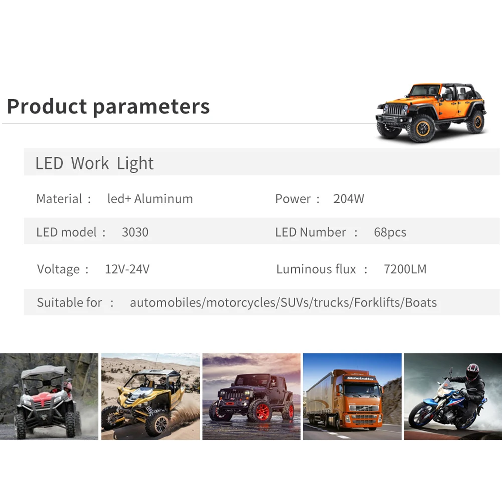 

New 6204W 68LED Work Light Spotlight Car SUV ATV Off-Road Driving Fog Lamps Waterproof Dust-proof Quake-proof Car Accessories