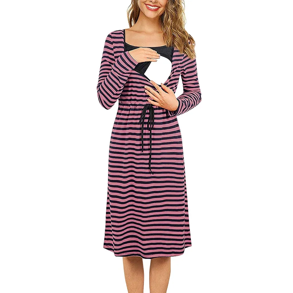 Платья для беременных Полосатое миди платье с длинным рукавом Одежда зимнее
