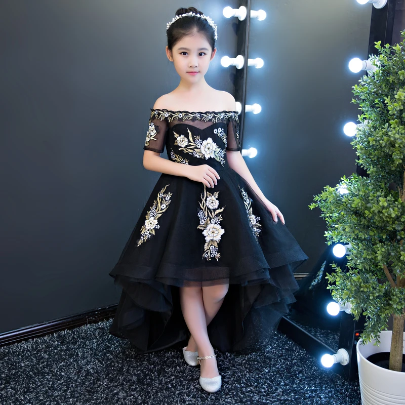 Свадебное платье с цветочной вышивкой для девочек короткое спереди длинное