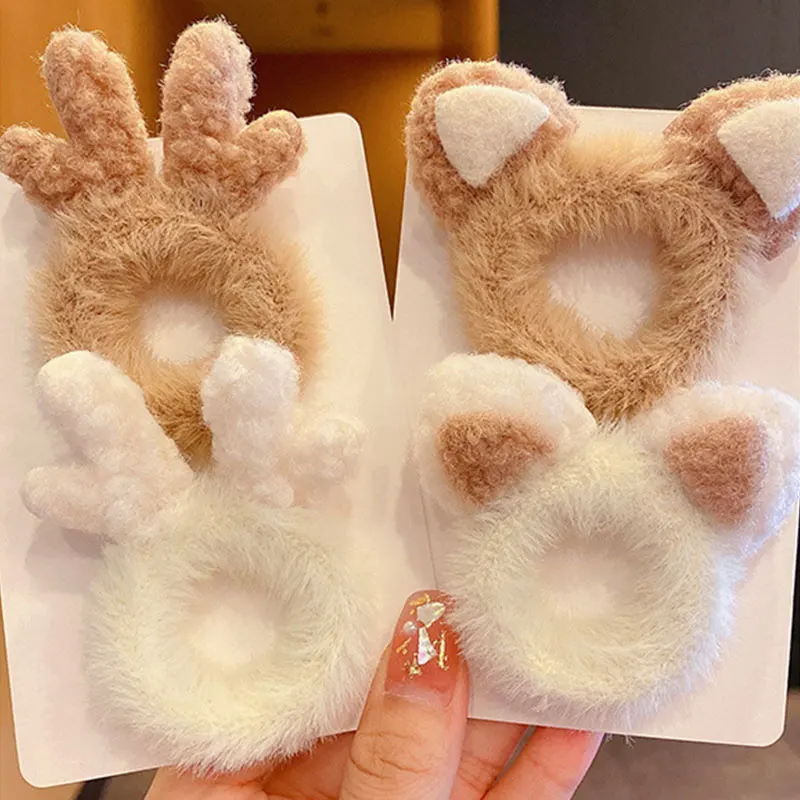 

2pcs Women Girls Cute Antlers Cat Ears Plush Elastic Hair Bands Winter Sweet Hair Decorate Scrunchie Hair Tie Hair Accessories