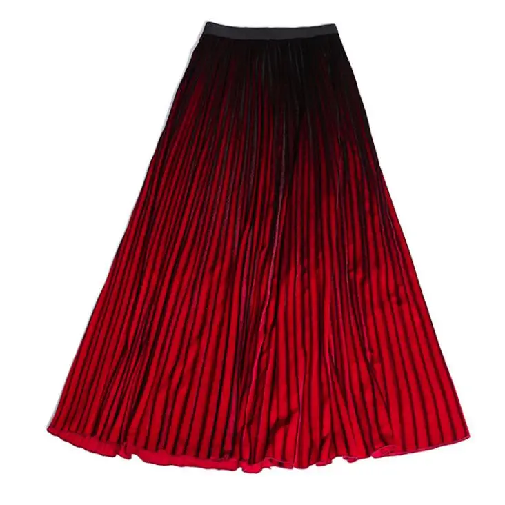 

Women Pleated Long Skirts A-Line Gold Velvet Gradient Spring Autumn Female Long Dress Plus Size High Quality Skirt Saias K1240