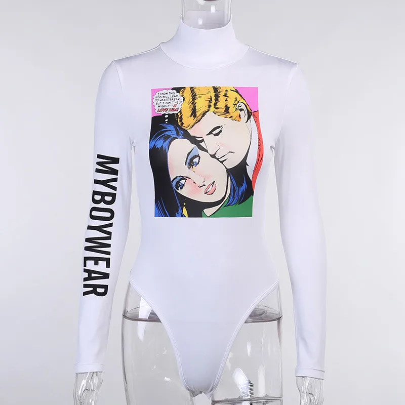 

2020 Winter Cartoon Letter Jumpsuits Women Rompers Streetwear Print Bodysuits High Neck Long Sleeve Slim Bodycon Jumpsuit Women