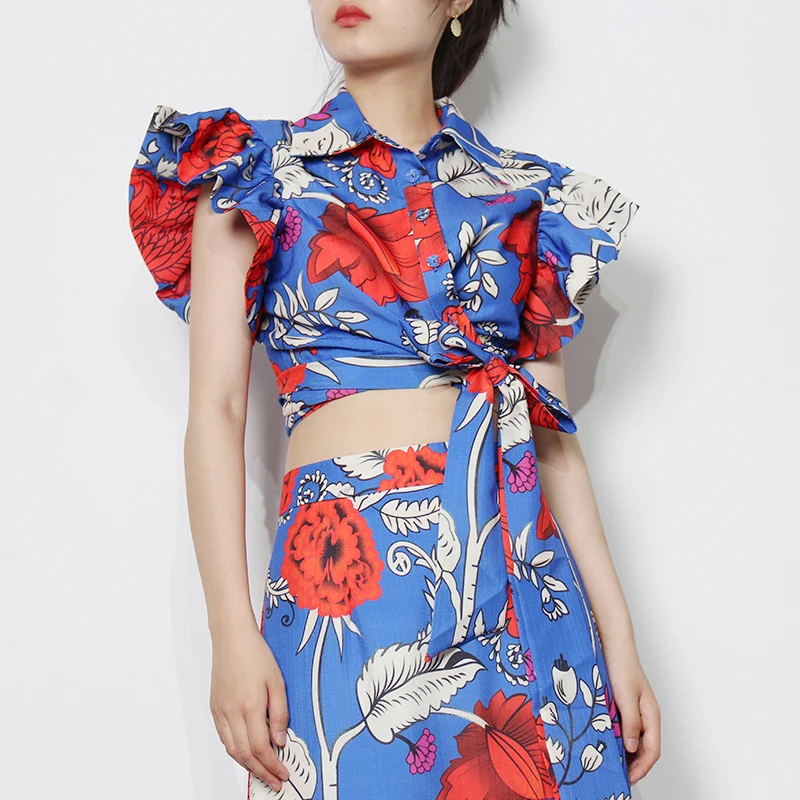 

CHICEVER Hit Color Patchwork Ruffle Set For Women Lapel Short Sleeve Tops High Waist Maxi Skirt Print Sets Female Fashion New