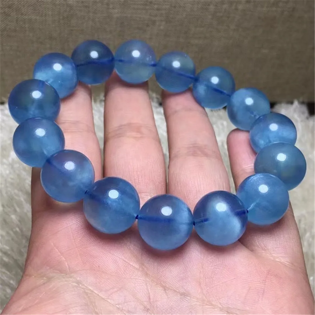 

15mm Natural Blue Aquamarine Bracelet Jewelry For Women Men Gift Healing Crystal Beads Cat Eye Stone Rare Gemstone Strands AAAAA