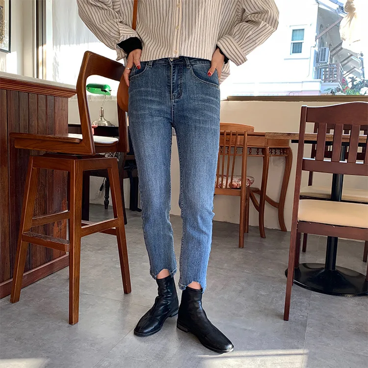 

Women's Irregular Raw Edge High Waist Stretch Jeans Women 2020 Spring New Korean Straight Pants K1773