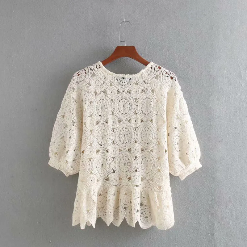 SESOAF Women Chic Lace Shirt Vintage Casual Floral Crochet Blouse Crop Fashion Elegant Hollow Out ladies tops Summer tunic | Женская