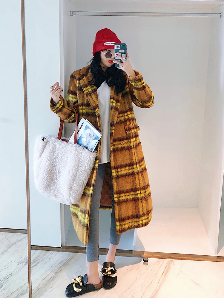 

Retro Plaid Mid-Length Woolen Coat for Women 2020 Winter New Korean Style Popular Slim-Fit Woolen Coat