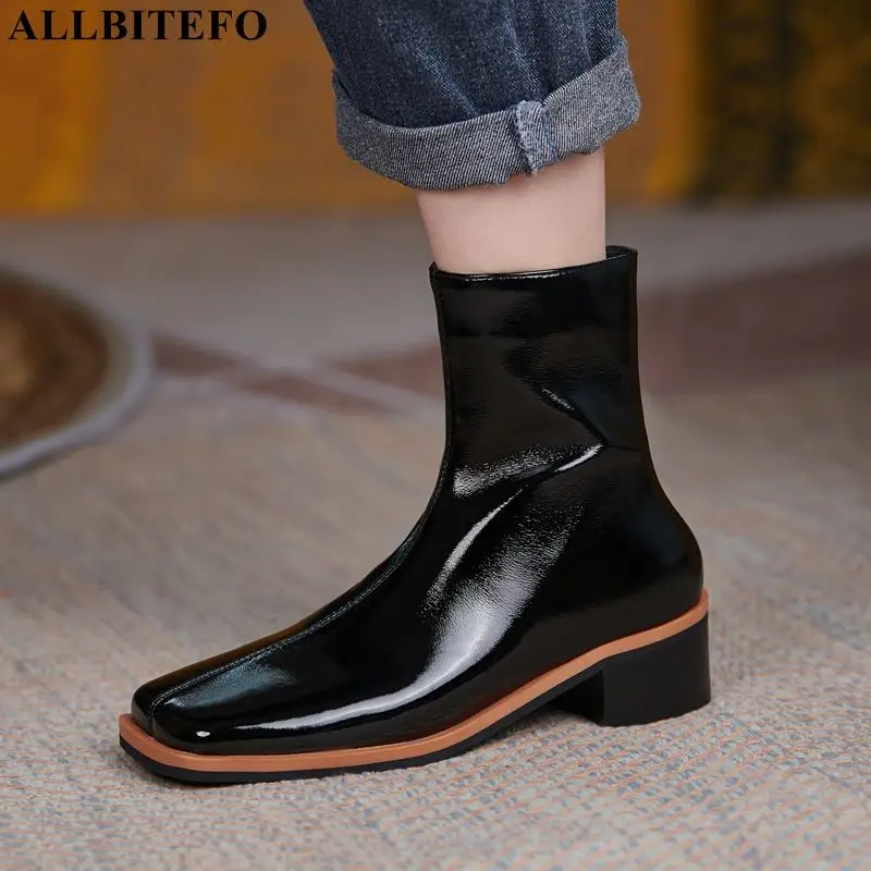 

Женские ботильоны на толстом каблуке ALLBITEFO, натуральная кожа, квадратный носок, уличная мода, Осень-зима