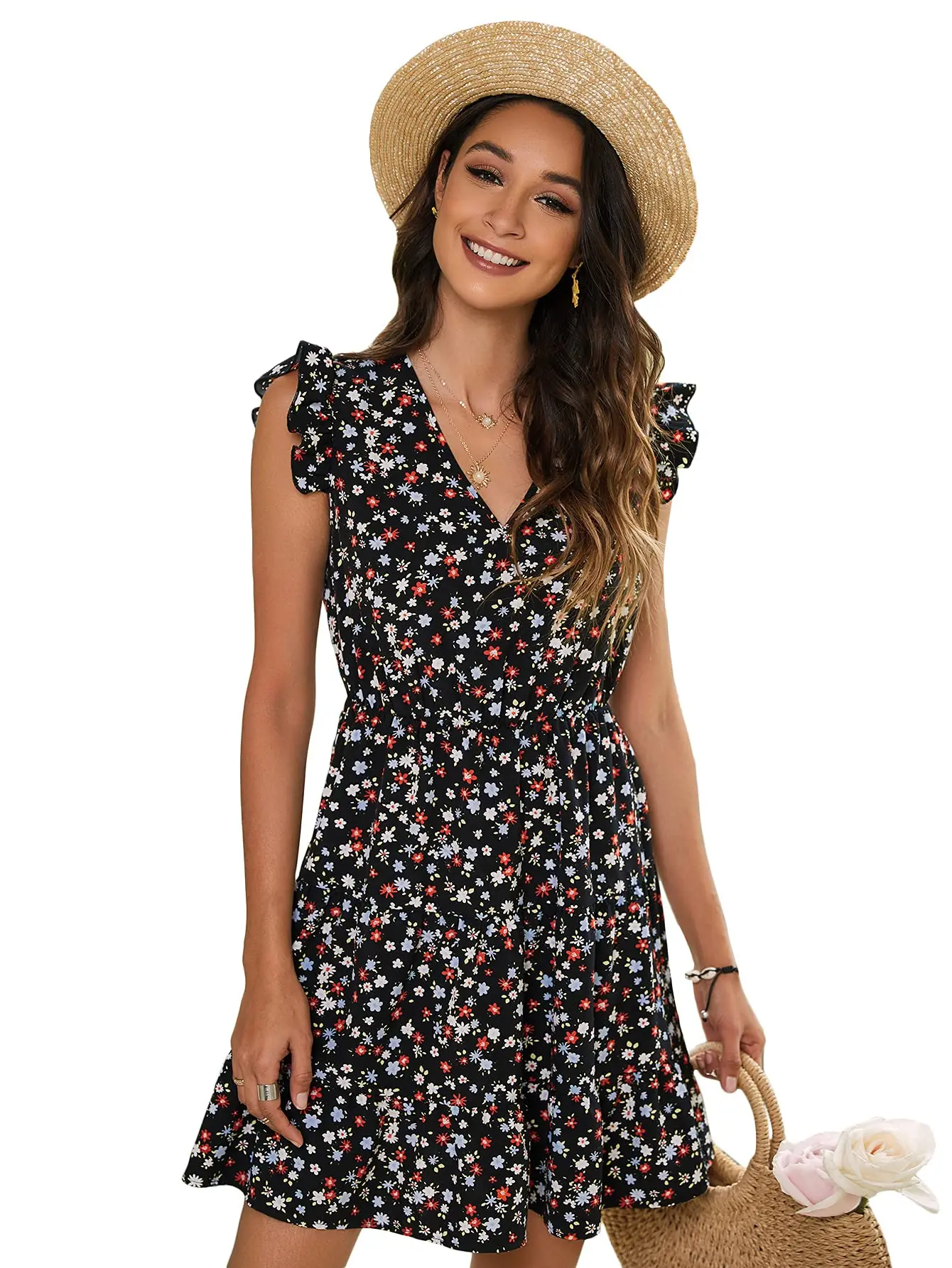 

Women's Floral Print V Neck Ruffle Trim Sleeveless A Line Short Dress