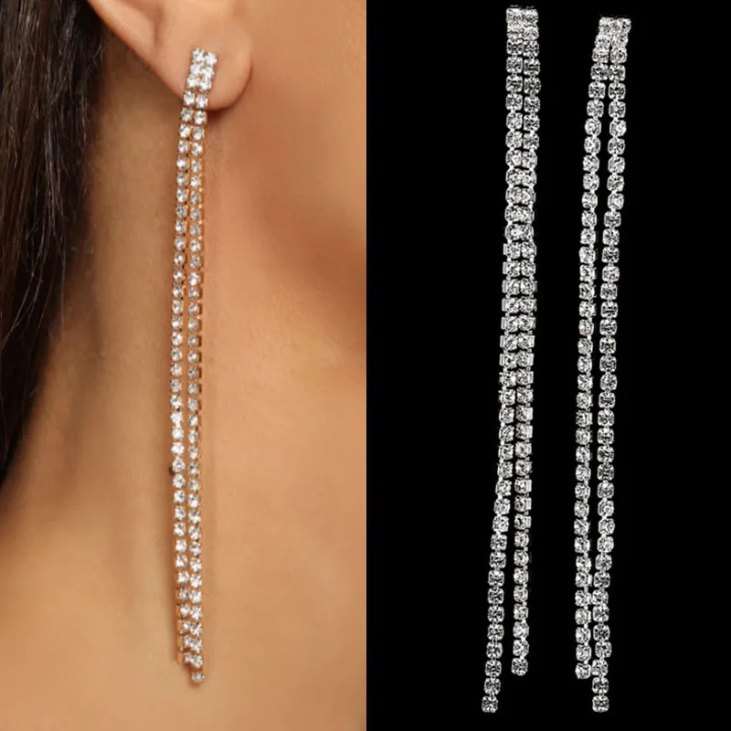 

Серьги-подвески Stonefans женские, простые Висячие Ювелирные украшения для невесты с блестящими кристаллами, свадебная цепочка, Длинная кисточ...