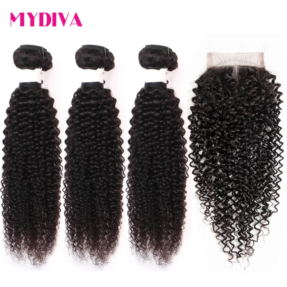 30 Inches Kinky Curly Bundles With Closure 4x4 T Part And Brazilian Hair Remy Human | Шиньоны и парики