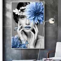 nordic blue flowers beauty model canvas prints woman posters wall art canvas paintings pictures girls bedroom home decoration