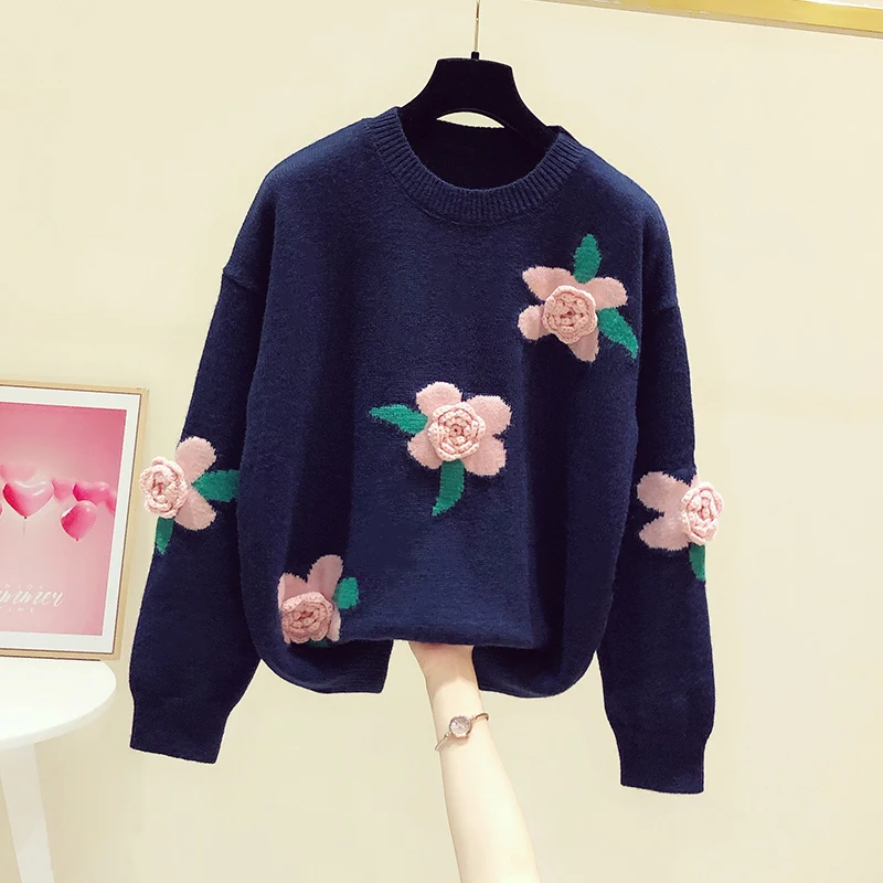 

Женский свитер ручной работы, теплый вязаный свитер контрастных цветов с круглым вырезом и длинными рукавами на осень и зиму, 2021