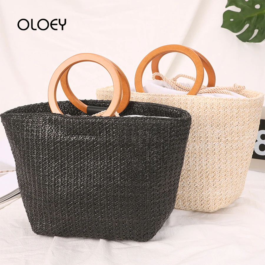 Соломенная пляжная сумка из ротанга с деревянной ручкой летняя плетеная