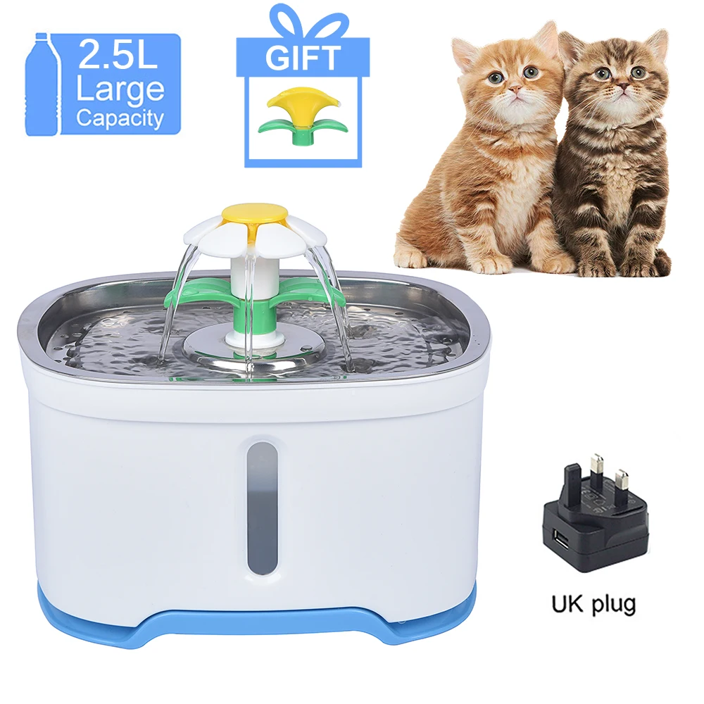 UK Plug Автоматическая кошачья вода, 2 цветка, светодиодный, электрическая кормушка для воды, для собак, для домашних животных, поилка, миска для домашних животных, питьевой фонтан, диспенсер для миска для кошек и собак - Цвет: UK Plug