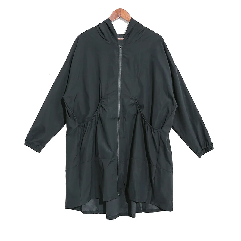 

Johnature 2021 Autumn New Thin Casual Long Irregular Trench Women Fashion Loose Hooded Collar Zippers Pockets Female Coats