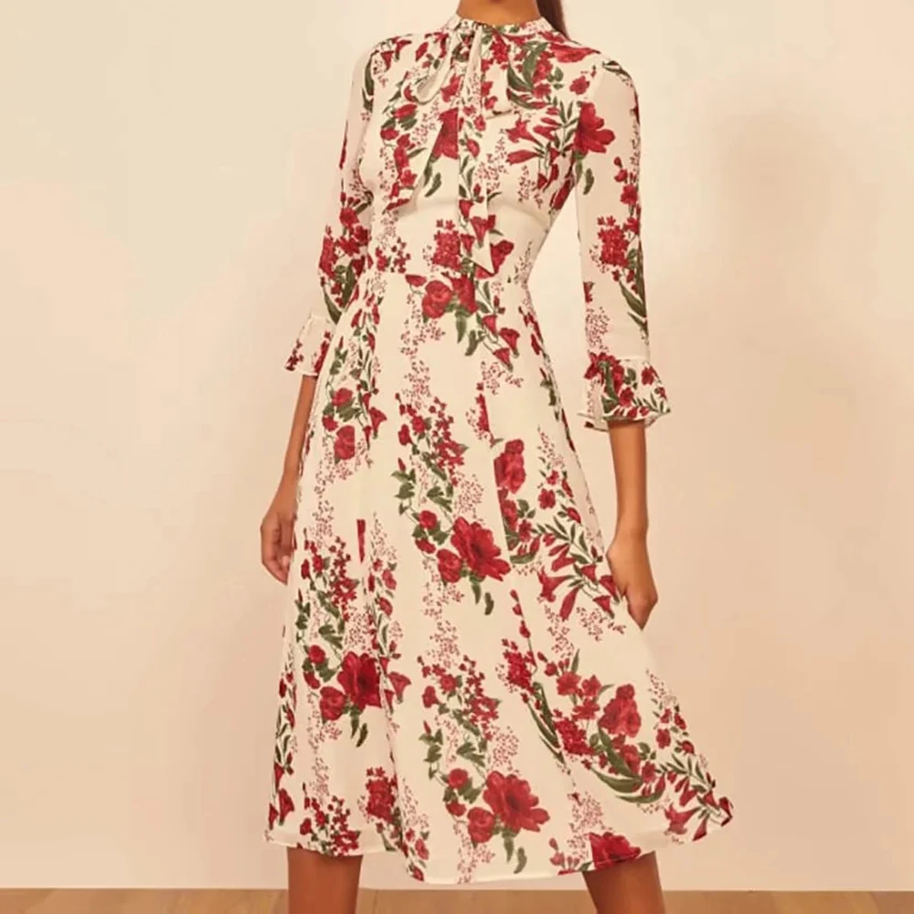 

2021 Summer O Neck half sleeve Bohemia Dresses Fashion beach Middle length floral Vestidos Print Women holiday Slim Midi Dress