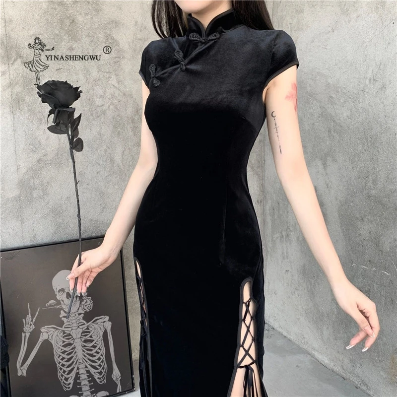 Женское платье в готическом стиле Goth Dark винтажное облегающее черного цвета