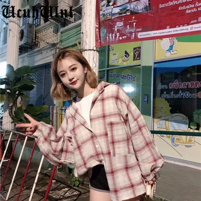 

Women Blouses Shirts Plaid Thin Casual Sun-protect Loose Lantern Sleeve Fashion BF Simple Korean Chic All-match Tops