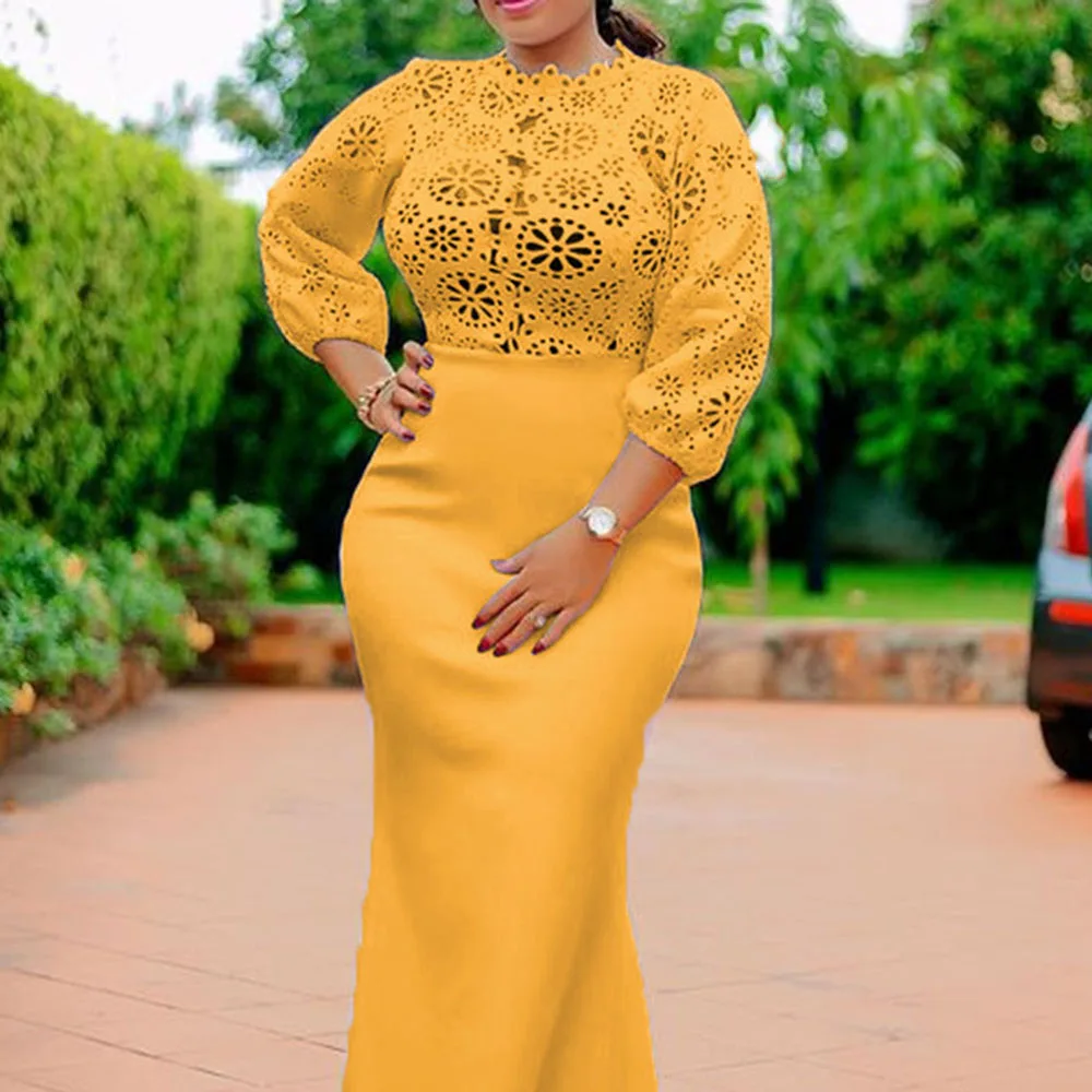 

Yellow Party Dress For Women 2021 Summer Plus Size Dresses African Woman Elegant Fashion Style Sexy Hollow Night Club Vestidos