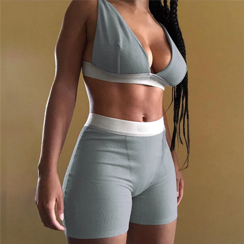 

Women's Sports Two Piece Suit Personality Solid Color V-neck Cropped Vest and High Waist Shorts