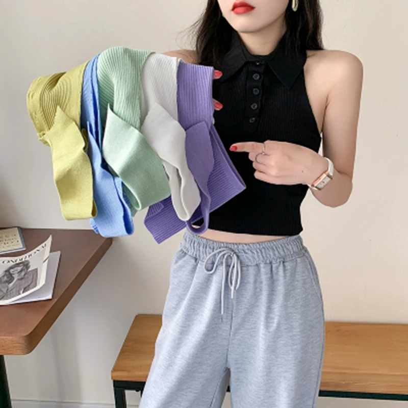 

Women Crop Top Halter Buttons V-neck Sleeveless Vest Slim Short Lapel Tops Black Solid Backless Tees Sexy Tanks haut femme 2021