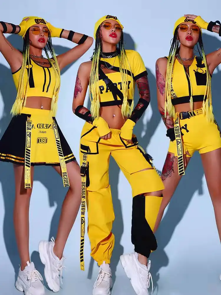 

Sexy Jazz Dancer Outfit Women Hip Hop Dancewear Cheerleader Unidorm Stage Costume Yellow Cargo Pants Crop Tops DJ DS Clubwear