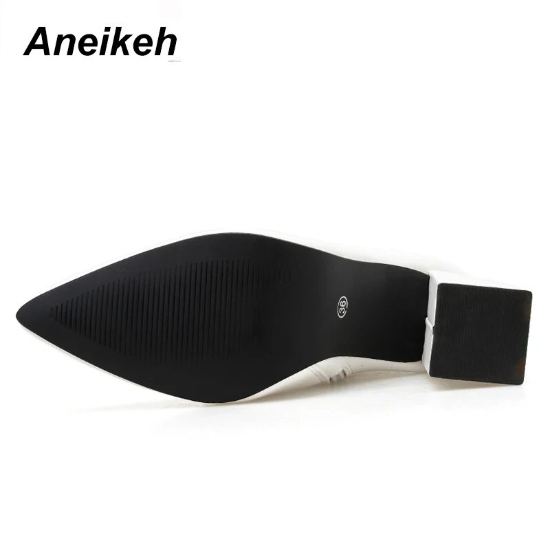 Aneikeh; Новинка года; выразительные женские ботинки из искусственной кожи; однотонные туфли на молнии с острым носком; танцевальные свадебные ботильоны на высоком квадратном каблуке; Цвет белый; Размеры 35-40