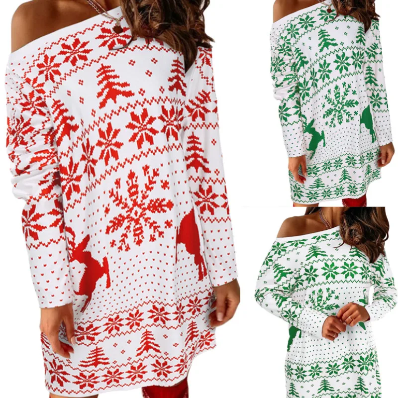 

Рождественское женское пикантное платье с длинным рукавом, темпераментное вязаное короткое платье для девушек с принтом оленя снежинки и к...