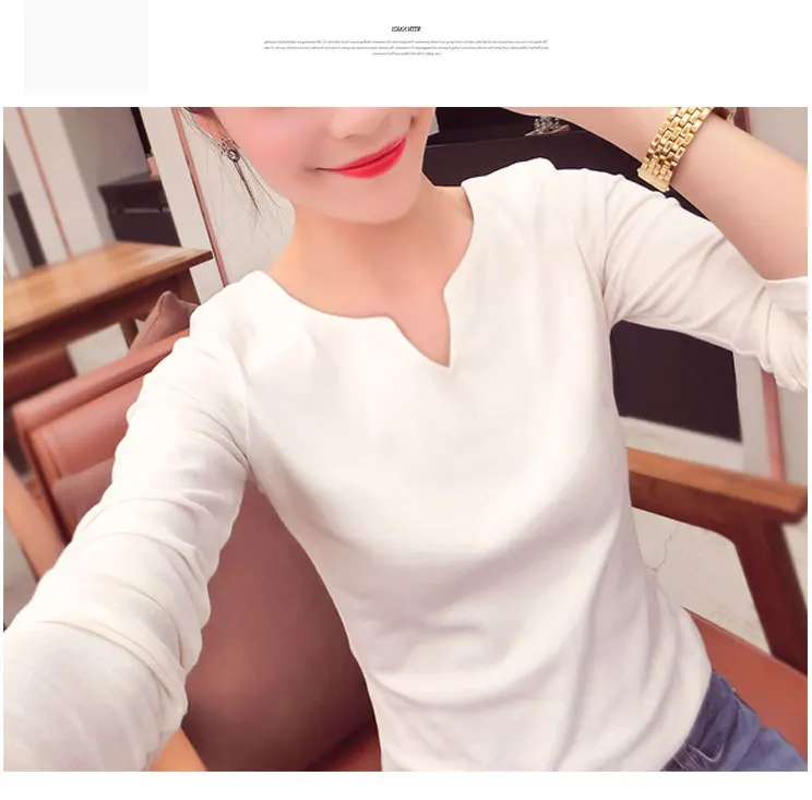 2019 весна осень женская футболка с длинным рукавом Тонкая черный белый хаки v