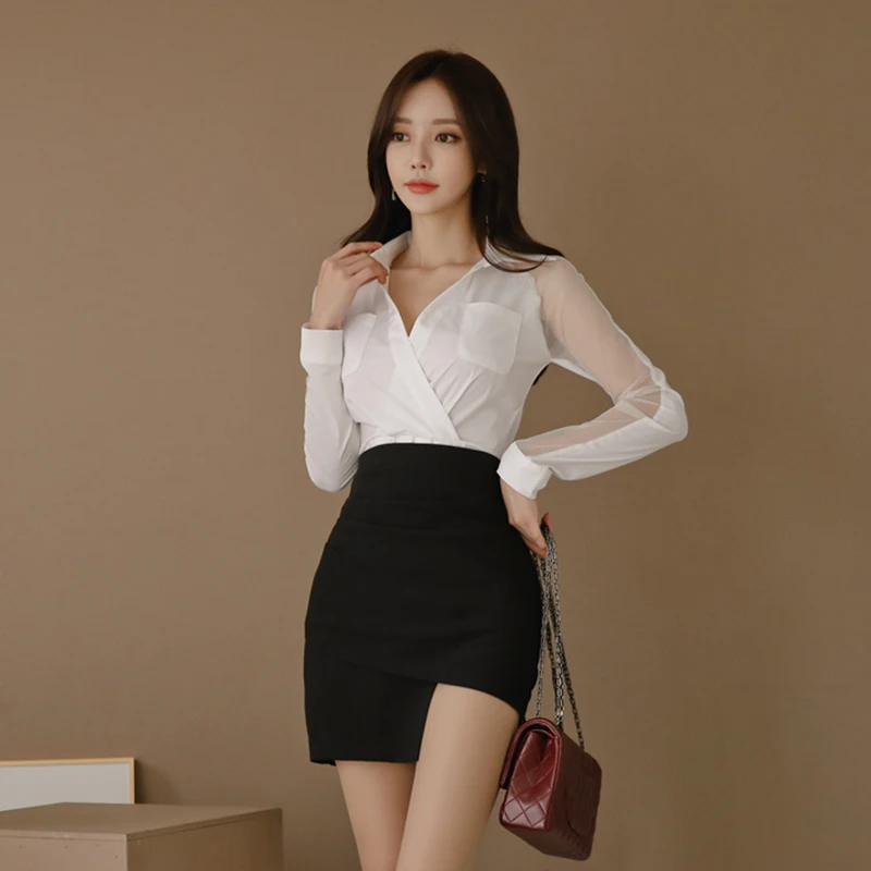 Женский офисный костюм из 2 предметов белая рубашка в стиле пэчворк и