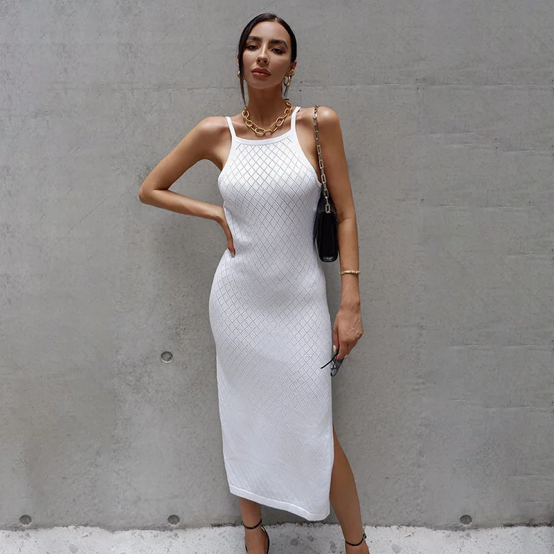 

MO&MO-2021 new MIDI skirt slim solid color gray high waist temperament commuting foreign trade cotton halter dress