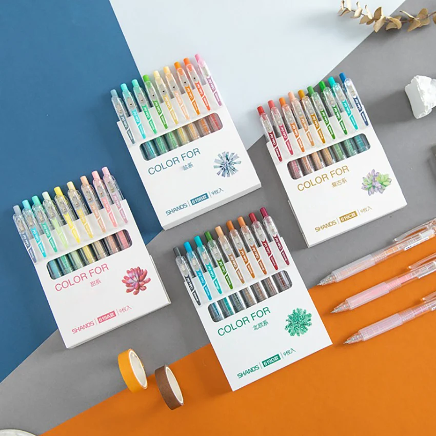 

1 Set 0.5mm 9 Colors Hand Account Gel Pen Set Plastic Colorful Marker Pen For Student Writing Drawing Marker Pens 10.5*14.6cm