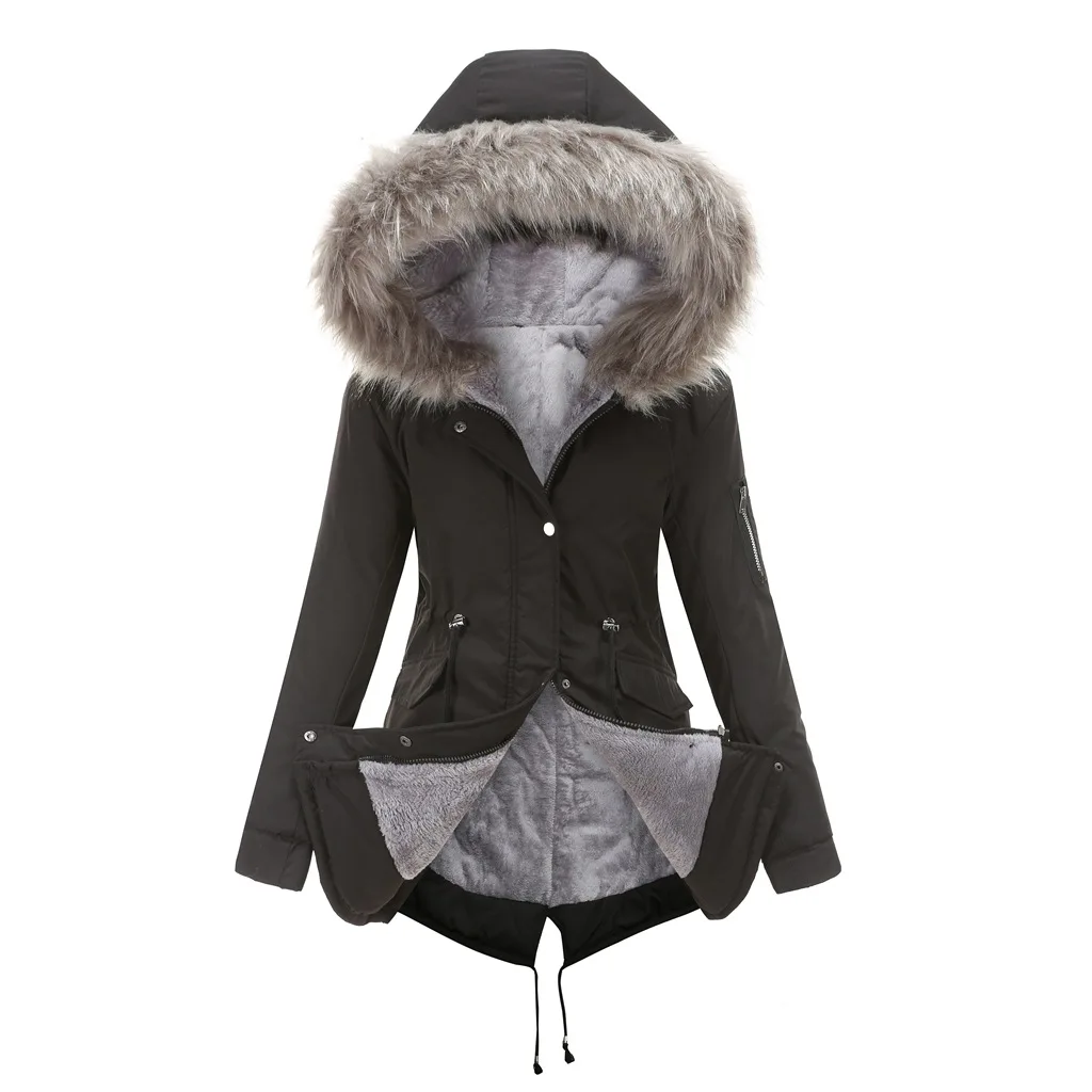 

2020 Autumn Winter New Women's Plus Velvet Zipper Fashion Mid-length Jacket Hooded Soild Color Coat Female Winter Casual Warm