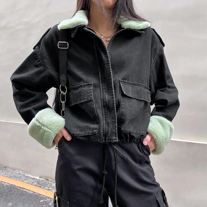 

Женская Осенняя джинсовая куртка, женские джинсовые куртки с меховой отделкой, теплая Женская куртка оверсайз 2020 с длинным рукавом, шикарна...