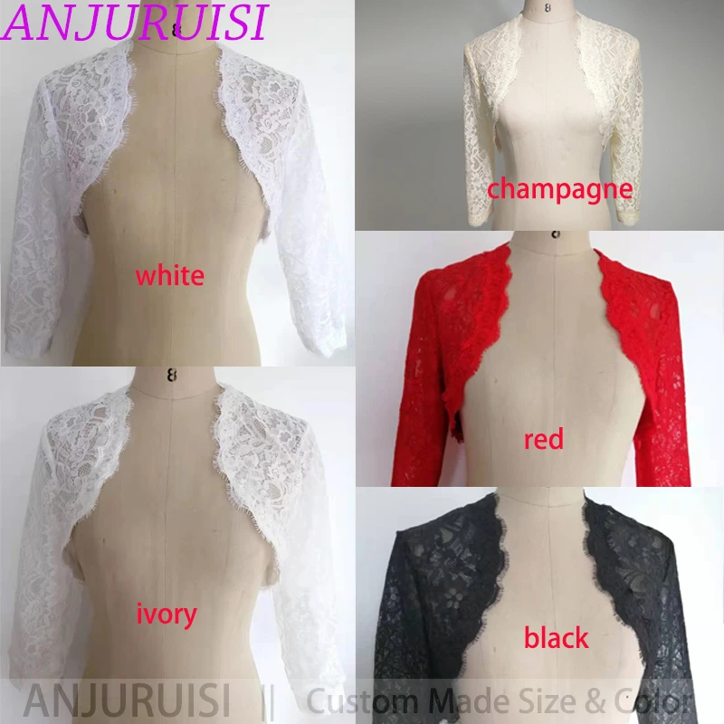 ANJURUISI Elegant Simple Shares of Women's 3/4 Long Sleeve White Lace Shoulders Cropped Bolero Wedding Jacket 2019 Bridal Wraps
