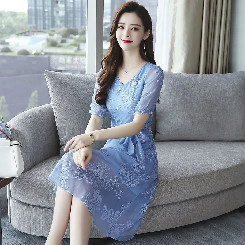 Женское летнее платье 2020 Пляжное синее элегантное Бохо с вышивкой корейское