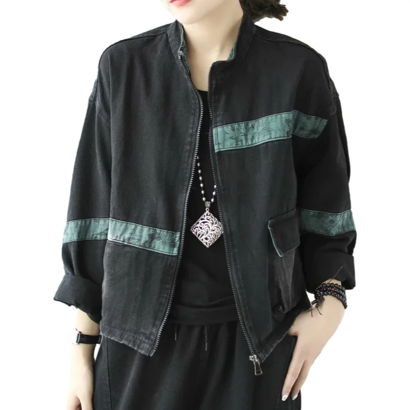 

Осенняя женская джинсовая куртка с карманами и винтажным принтом, в европейском стиле