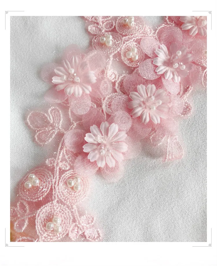 sequins beaded 3D pink white flowers embroidery lace patch Dress DIY veil applique parche Woman's clothes hanfu Decoration