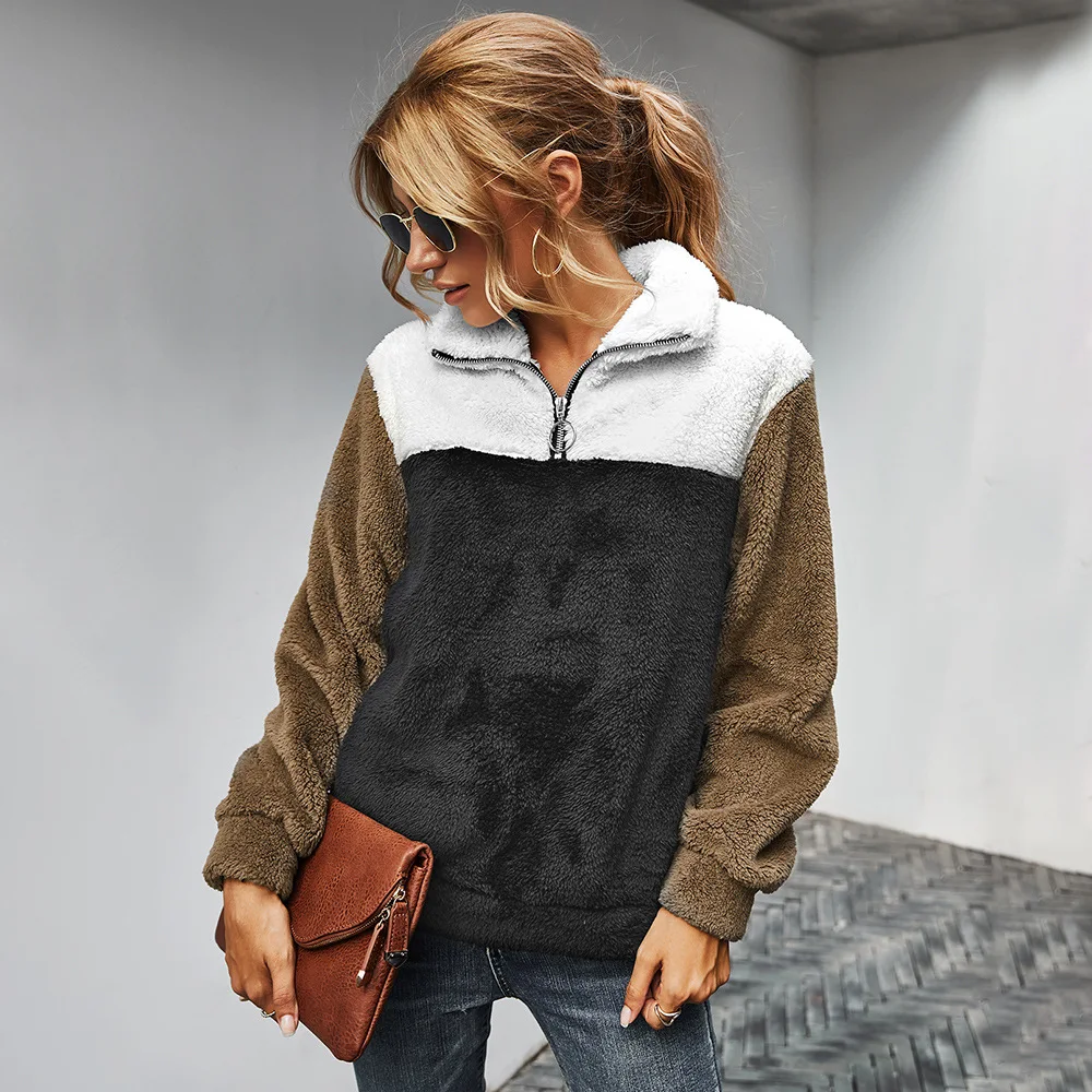 

original! Cross border women's Amazon independent station 2020 winter Lapel color matching Plush thickened sweater