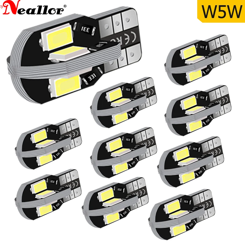 

10 шт., светодисветодиодный T10 w5w, Canbus, без ошибок, лампочка для салона автомобиля, белый 5730 8SMD, светодиод 12 В, автомобильный боковой клиновидны...
