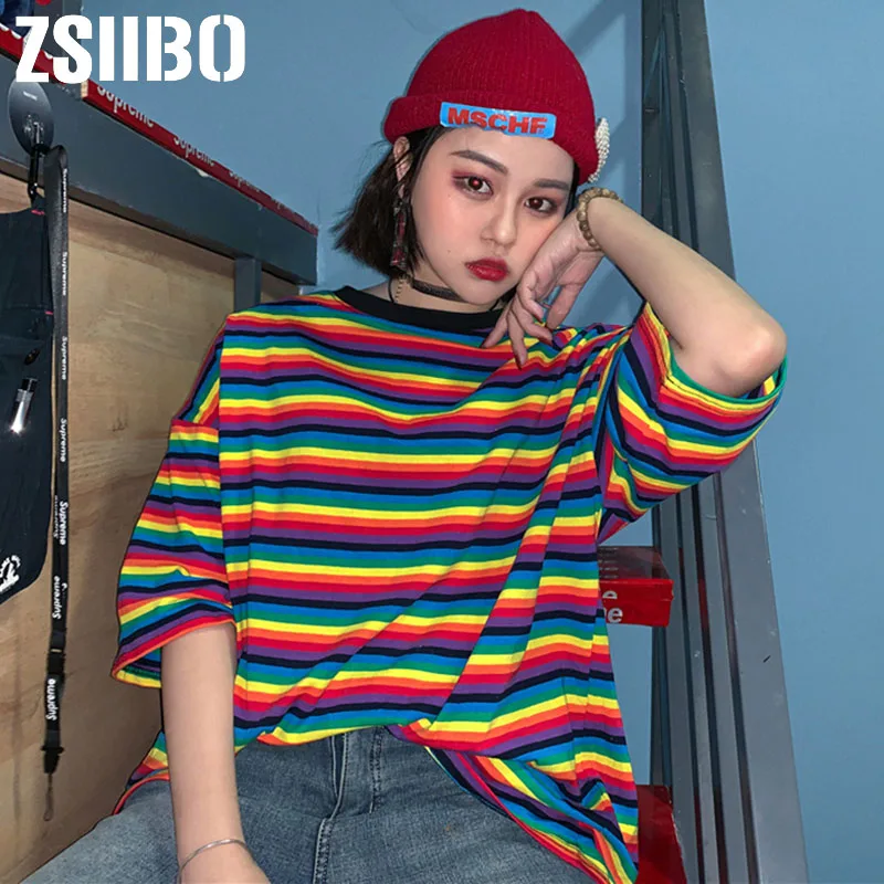 Женская футболка в Корейском стиле Харадзюку с милыми радужными полосками