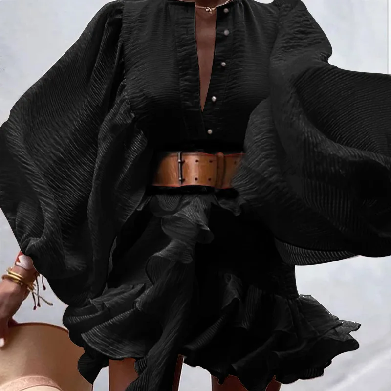 

Sexy Ruffle Hem Mini Dress Red Black Lantern Long Sleeve Belted Night Party Dress 2021 Summer Club Frocks Vestidos de fieta