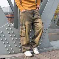 fashion cargo pants mens casual jeans hiphop harem trousers straigth loose baggy streetwear distressed denim clothing plus size