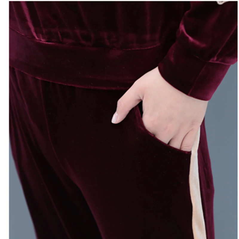 

Golden Velvet Casual Two Piece Outfits Set Letters Flower Embroidery Top Pants Sportswear 2021 New Spring Autumn Women Clothing
