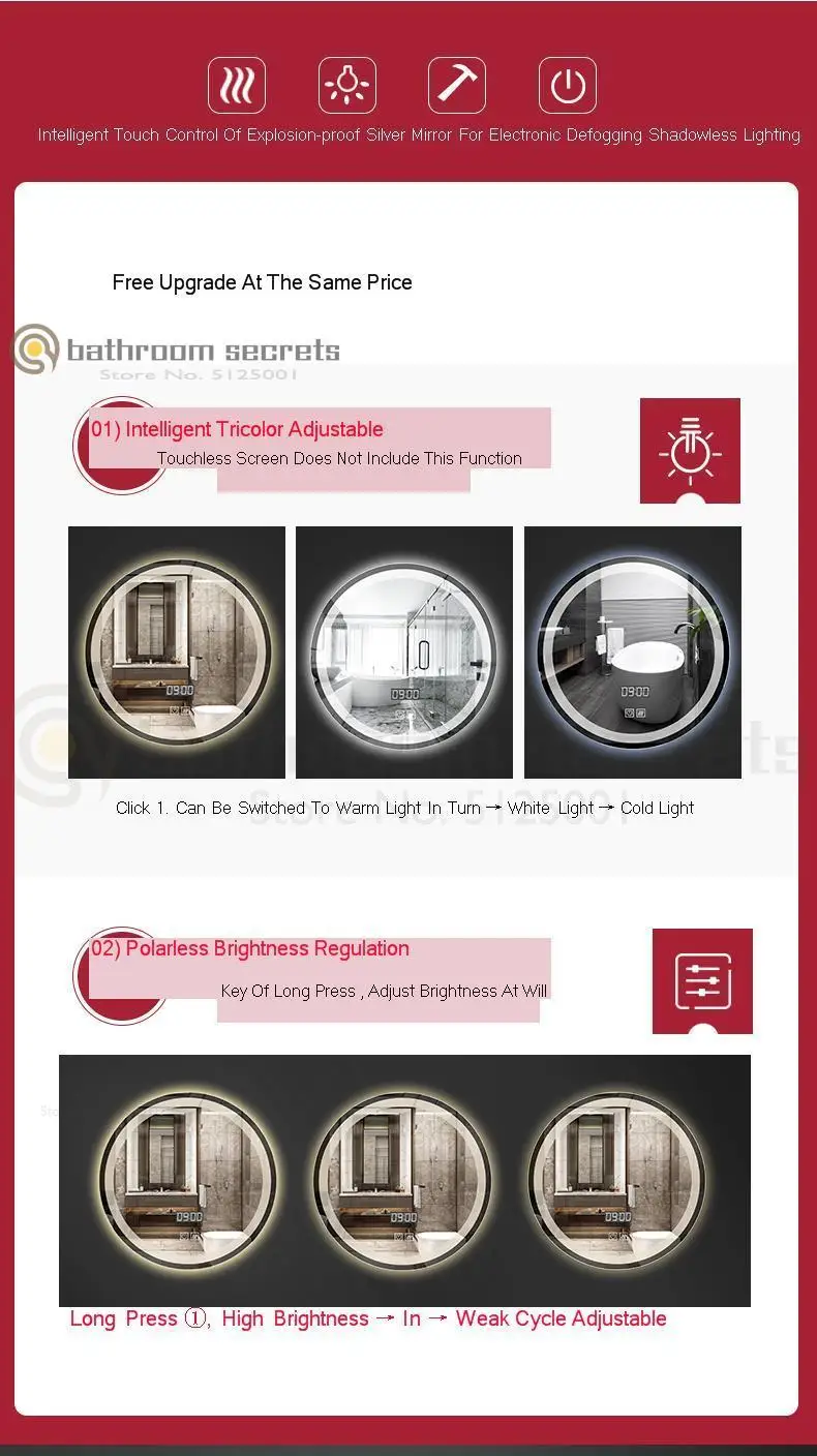 Smart Mirror Touch Screen Led Luminescent Lamp Antifogging Bathroom Mirror Washroom Mirror Wall Hangs Round Mirror Wall